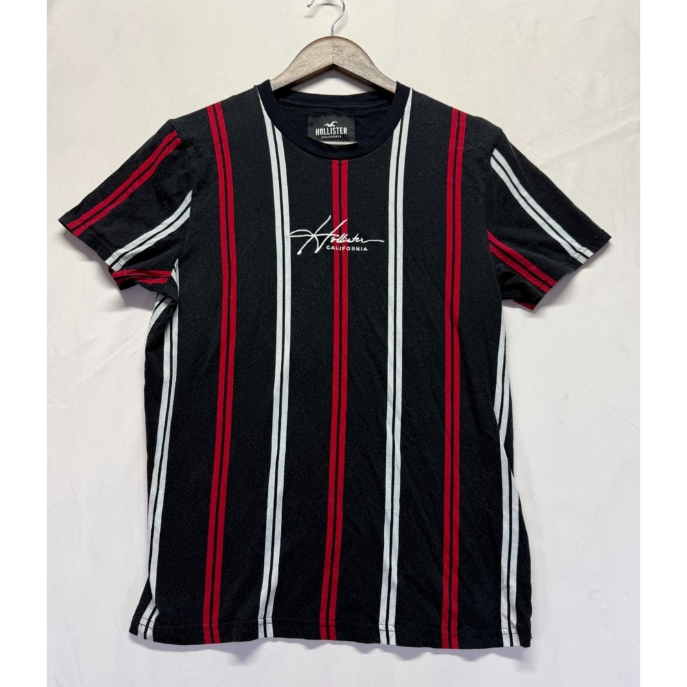 Hollister California T Shirt Mens M Black Striped Cotton Short Sleeve Crew Neck